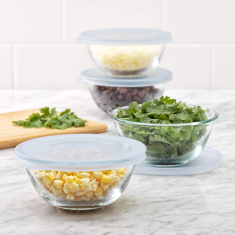 OXO glass bowl filled with yogurt parfait, clear presentation for serving