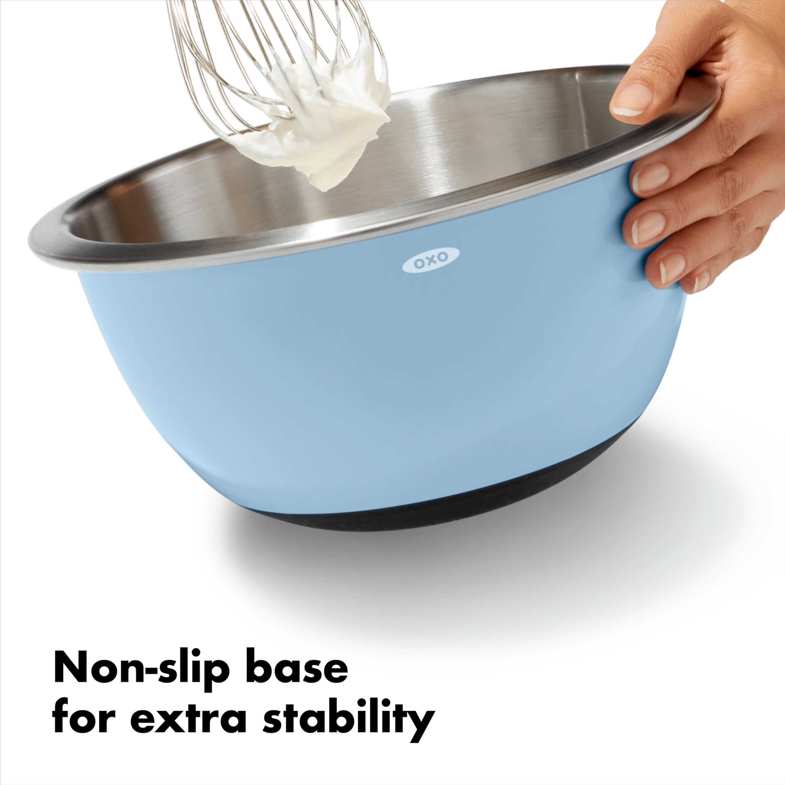OXO bowl in use with hand mixer demonstrating steady mixing benefit