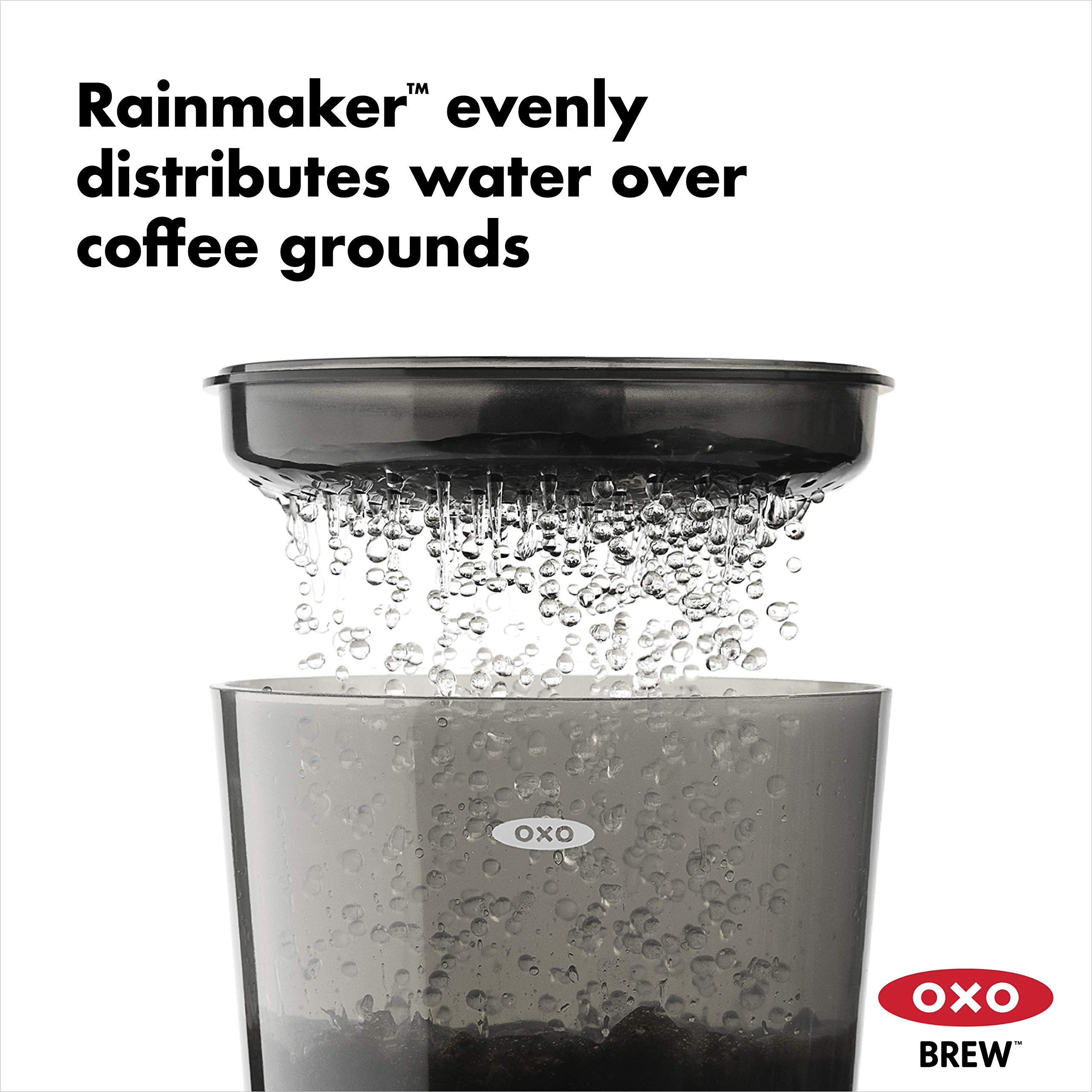 OXO brewer placed on carafe draining concentrate automatically for convenience