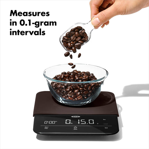 OXO Brew clear digital display close-up showing precise weight and timer readability