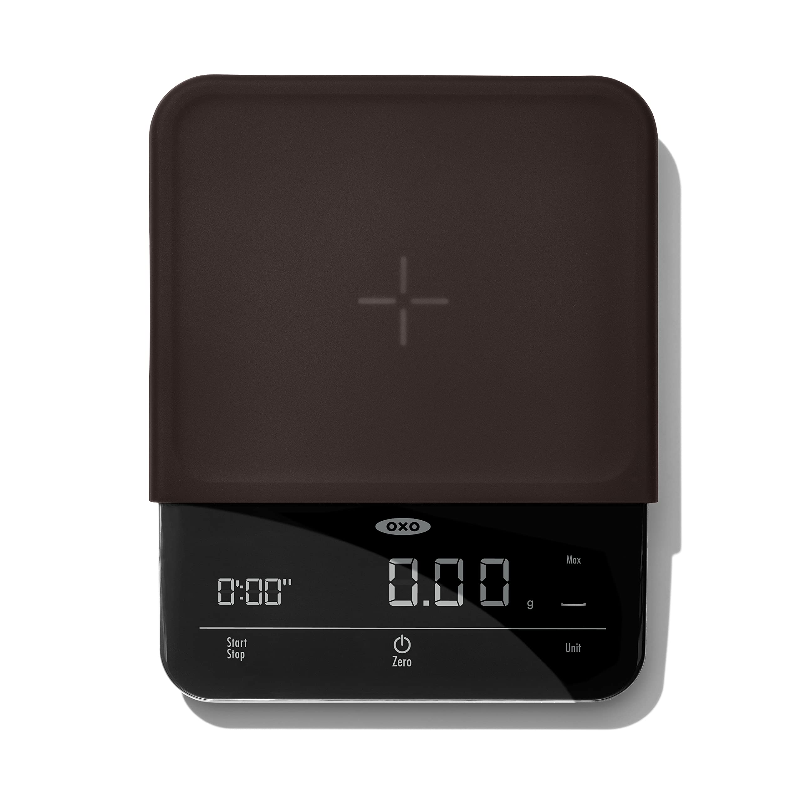 OXO Brew scale front view showing compact black design and platform for precision brewing