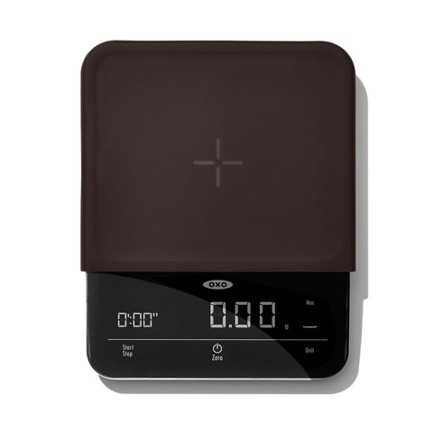 OXO Brew scale front view showing compact black design and platform for precision brewing