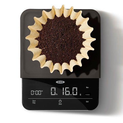 OXO Brew screen showing grams and ounces to switch units for recipes and portions