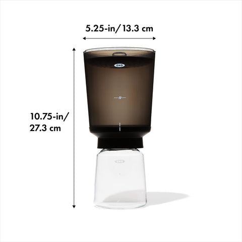OXO brewer inside fridge demonstrating compact storage and chilled brewing