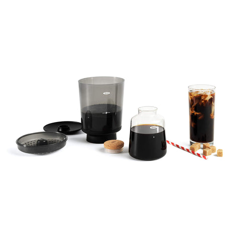 OXO brewer nested into carafe showing space-saving storage solution