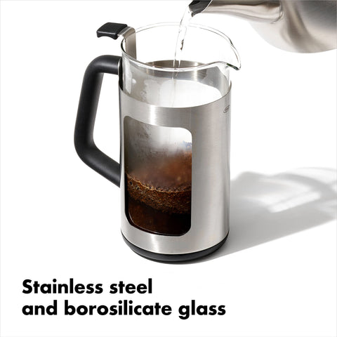 OXO Brew plunger and soft non-slip handle angled for comfortable, controlled pressing