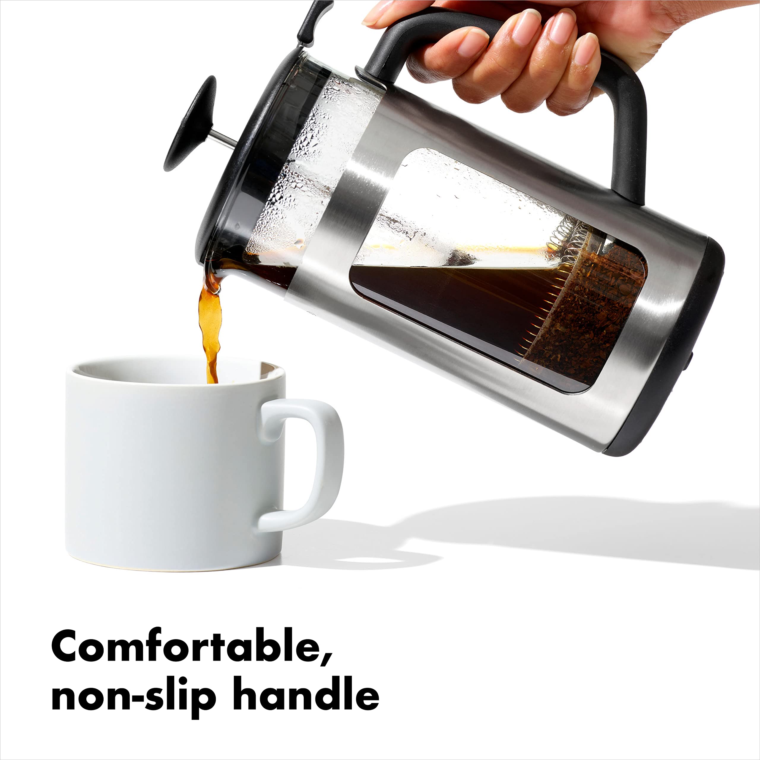 OXO Brew stainless exterior and insulated base protecting carafe and keeping heat