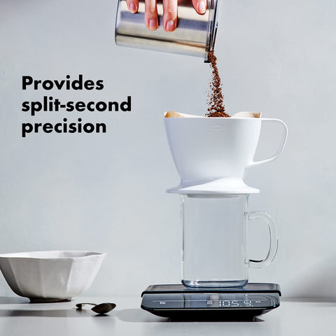 OXO Brew timer running during a controlled pour-over to support consistent brew timing
