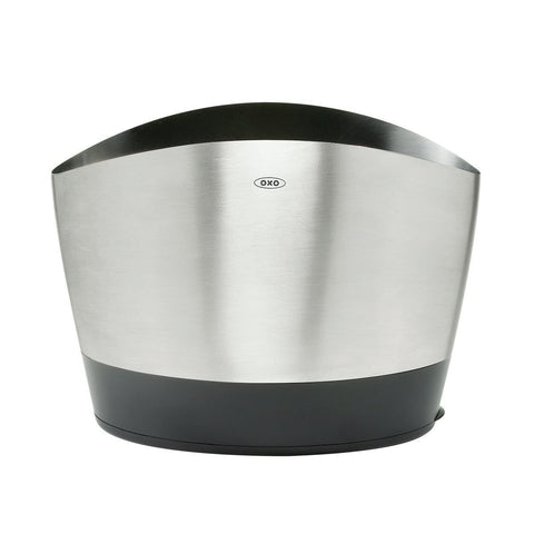 OXO close-up of brushed stainless finish highlighting fingerprint resistance