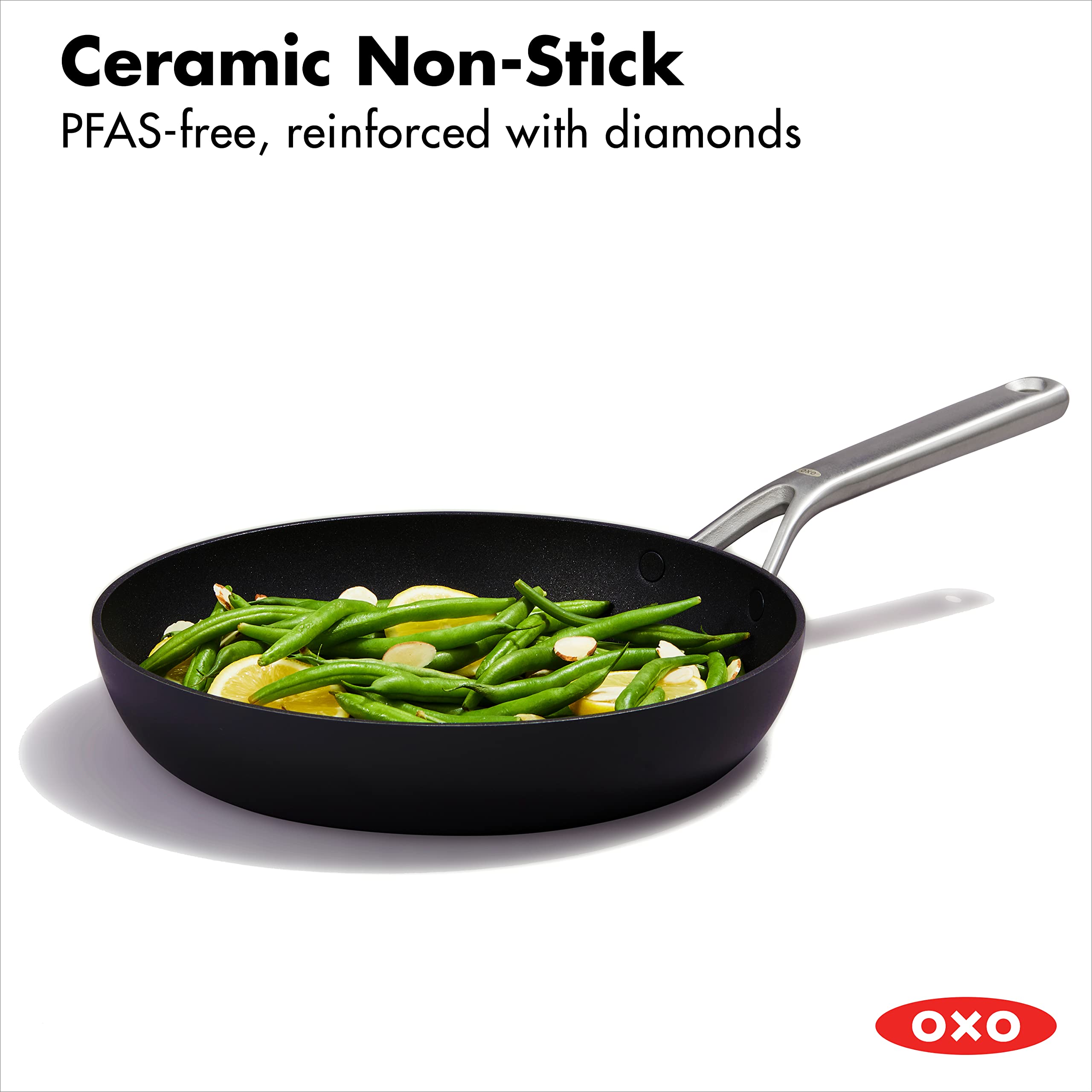 OXO ceramic diamond-reinforced coating close-up demonstrating durable nonstick surface
