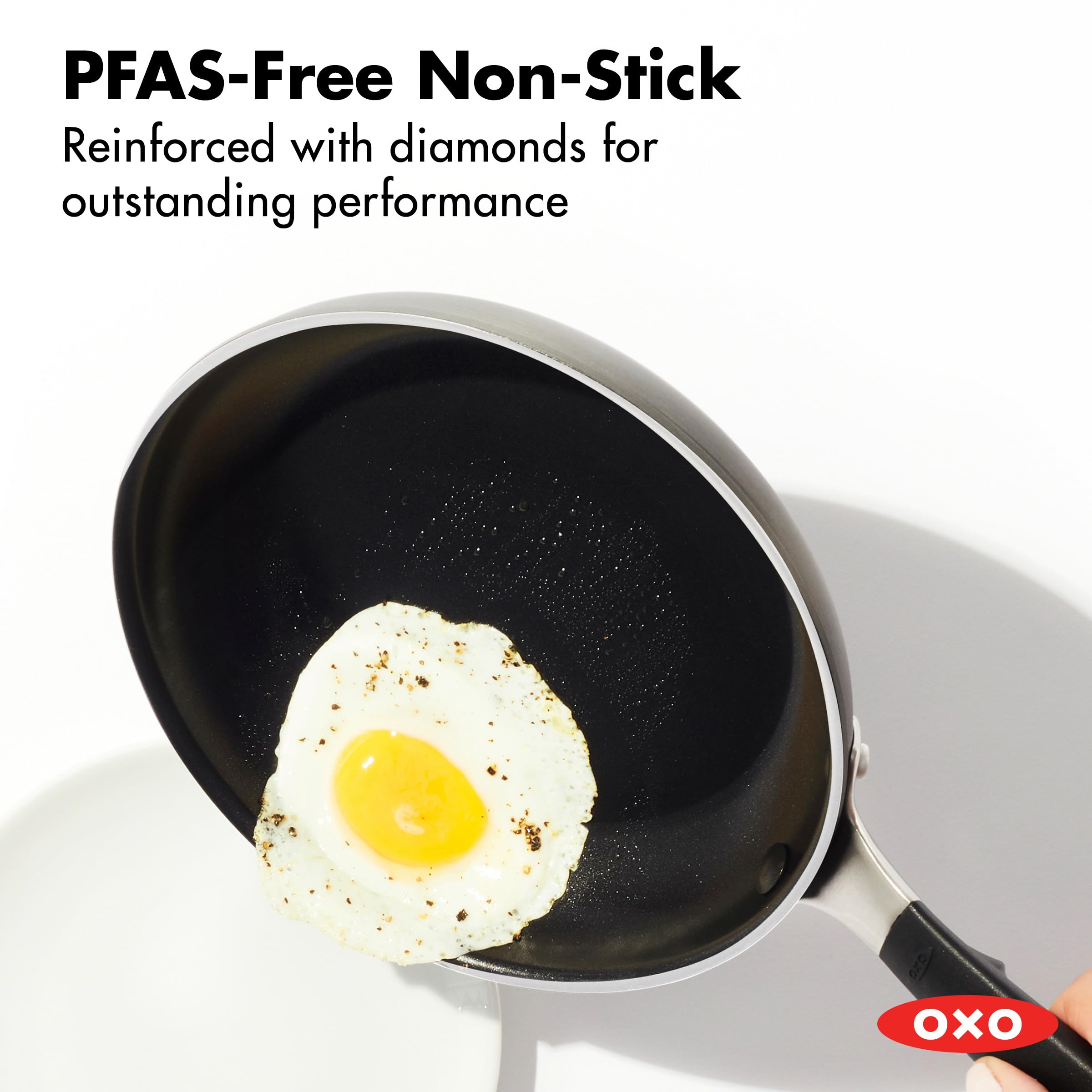 OXO ceramic non-stick surface close-up with diamond reinforcement, durability benefit