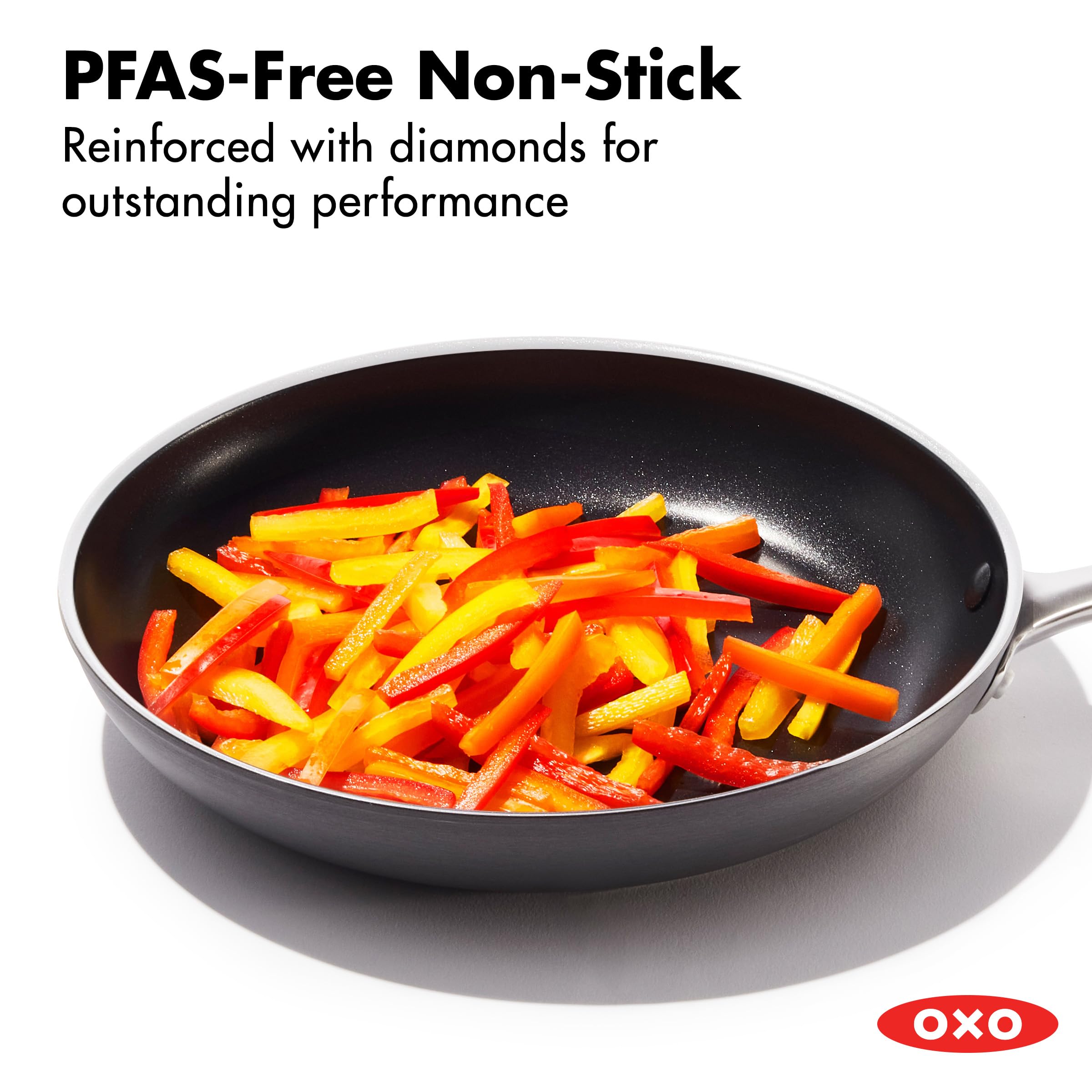 OXO ceramic surface close-up showing diamond-reinforced texture for longer non-stick life benefit