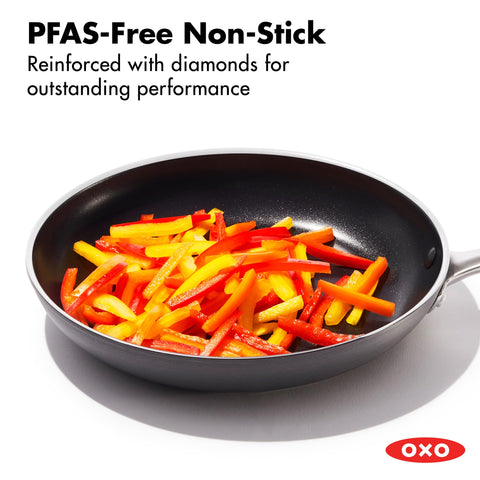 OXO ceramic surface close-up showing diamond-reinforced texture for longer non-stick life benefit