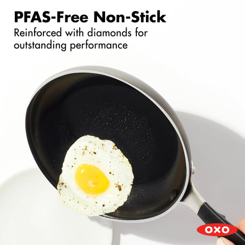 OXO ceramic non-stick surface close-up with diamond reinforcement, durability benefit