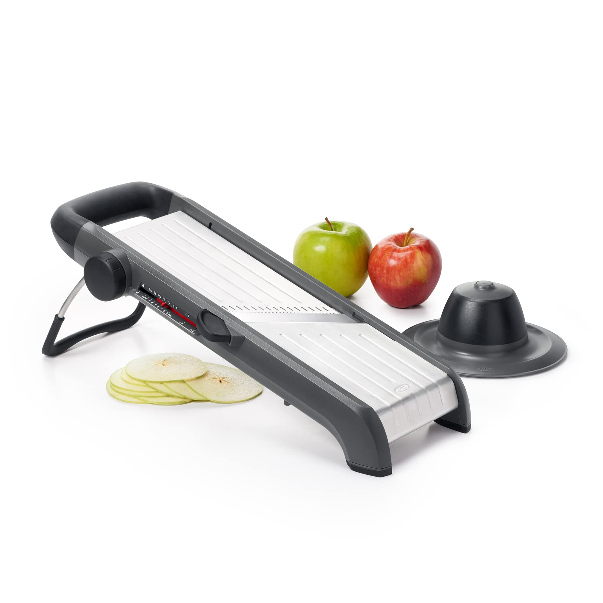 OXO front view of mandoline slicer showing compact profile and stability