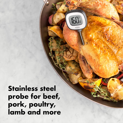OXO probe inserted into steak showing precise doneness measurement