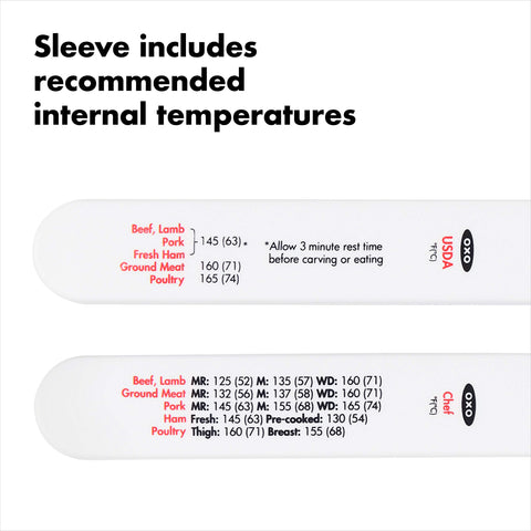 OXO thermometer held in hand to show compact size and ergonomic grip