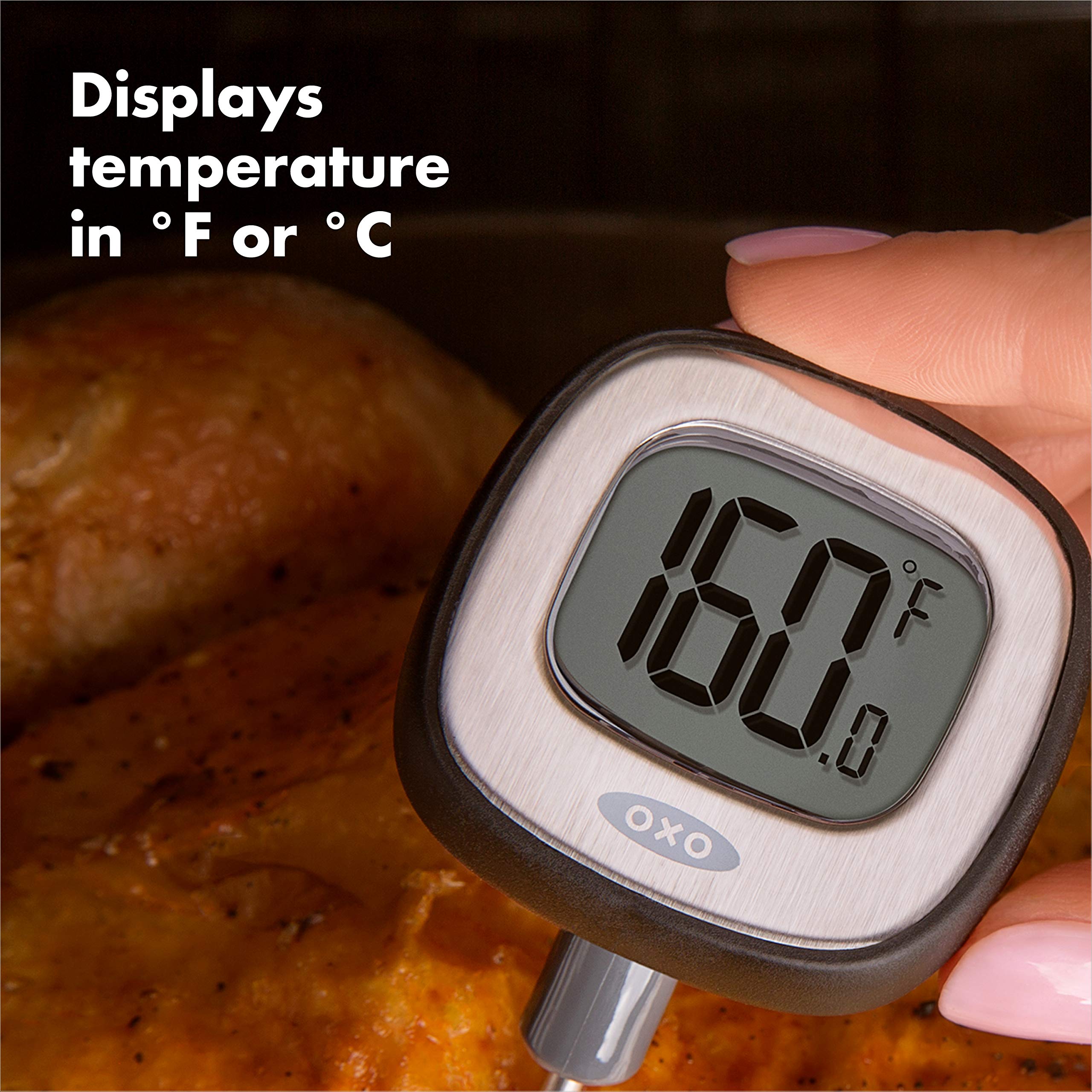 OXO probe sleeve with printed chef and USDA temperature chart reference