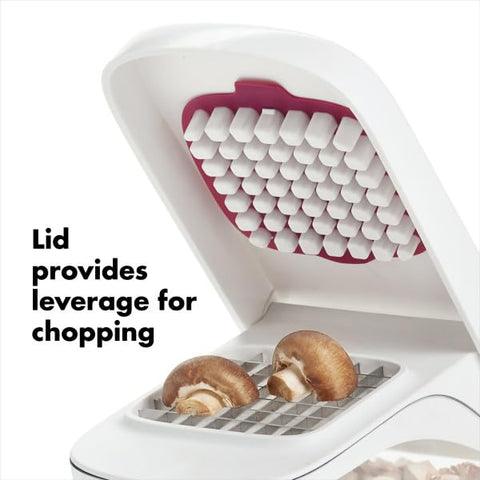 OXO chopping action with lid pressed down for faster, safer prep