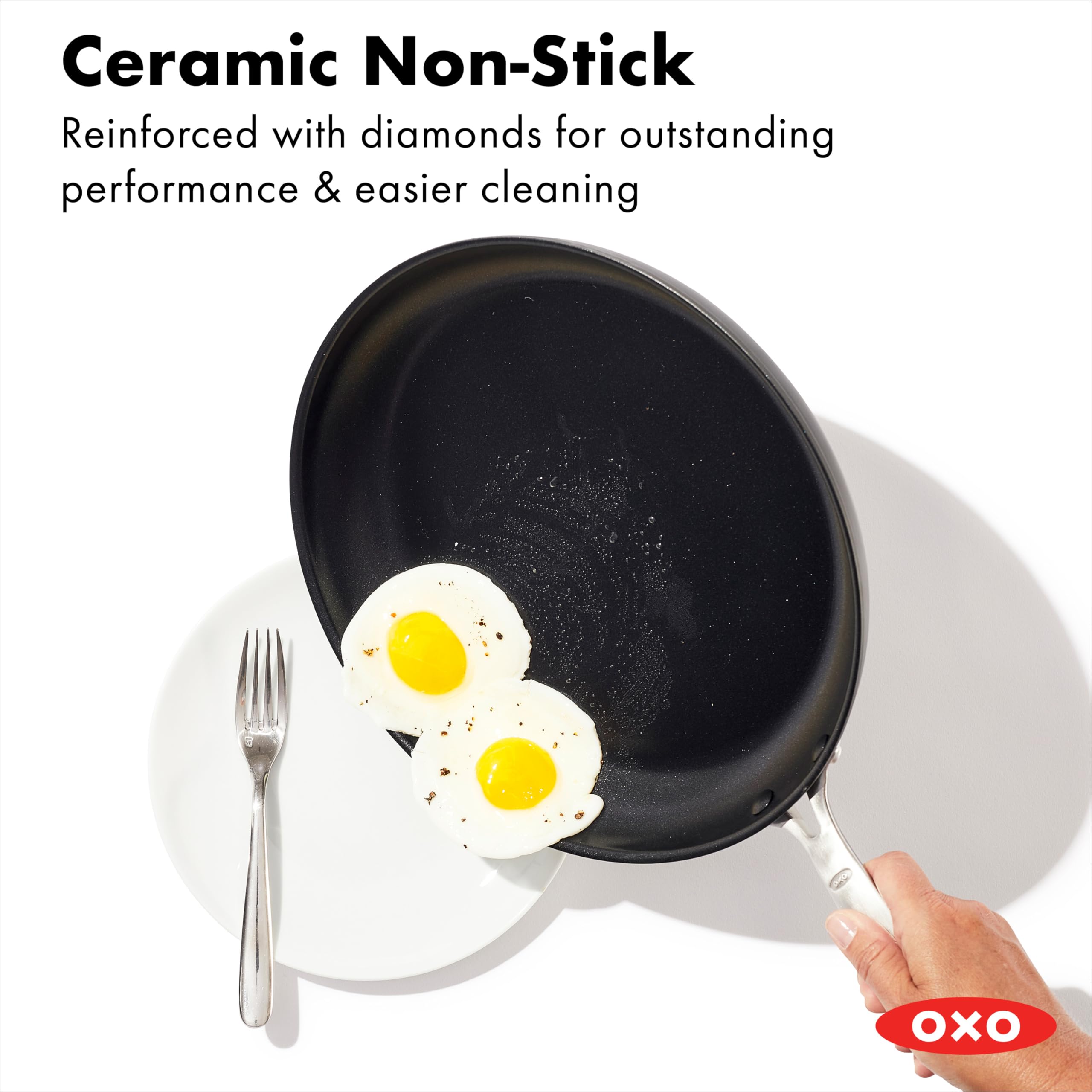 OXO close-up of diamond-reinforced ceramic surface illustrating improved food release benefits