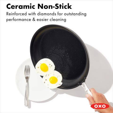 OXO close-up of diamond-reinforced ceramic surface illustrating improved food release benefits