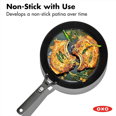 OXO close-up of pre-seasoned carbon steel surface showing nonstick patina