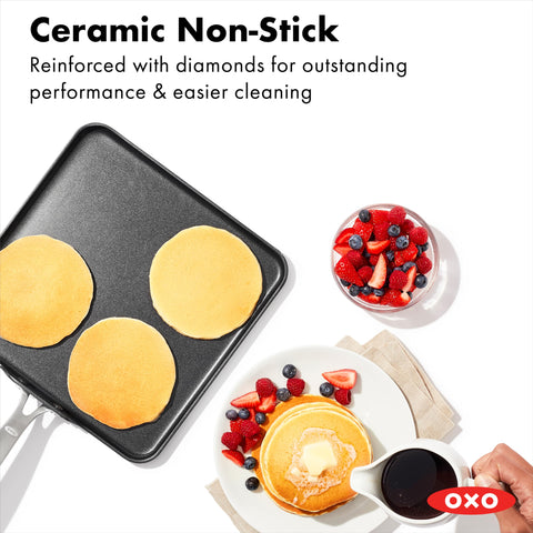OXO close-up of ceramic texture highlighting durable nonstick coating benefit