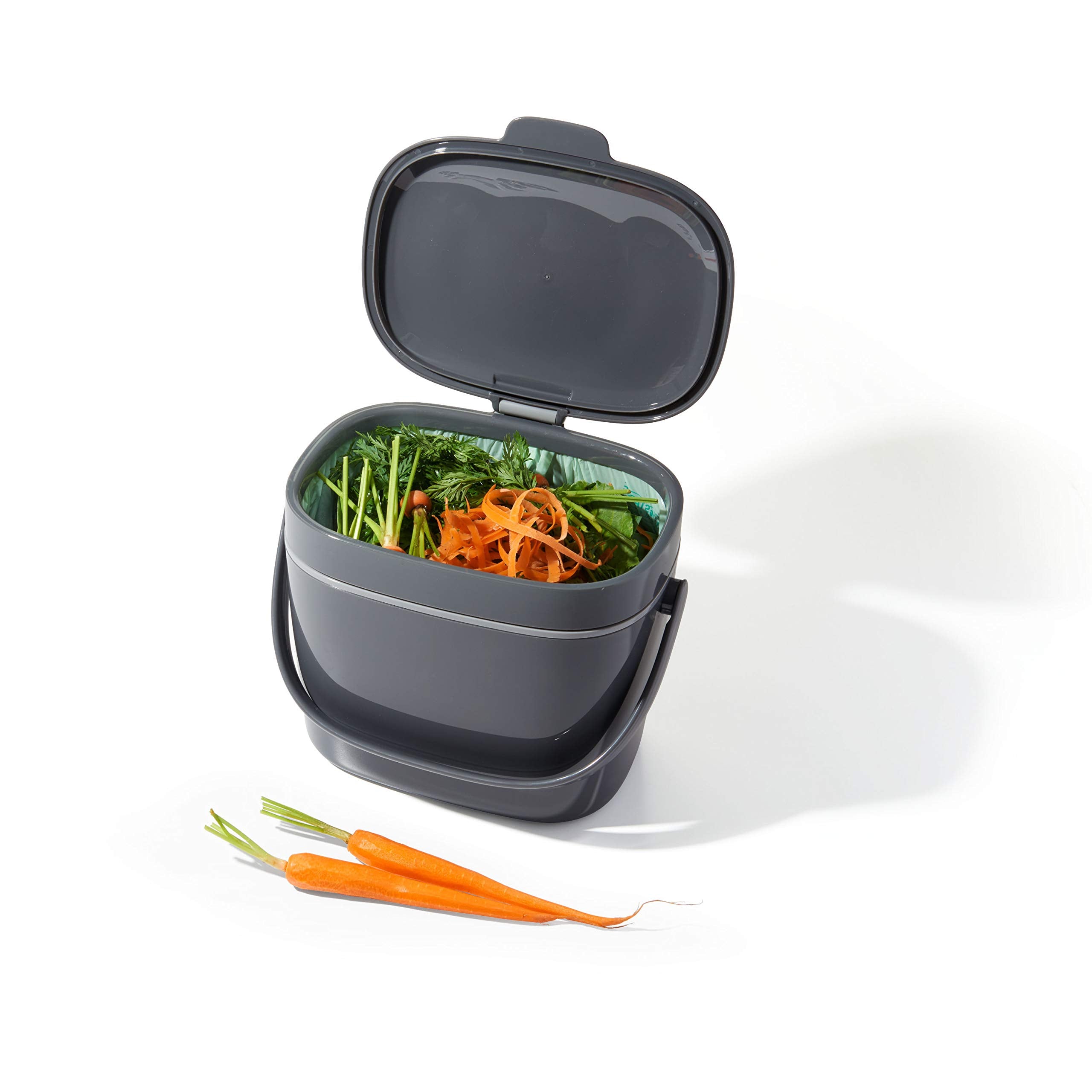 OXO compost bin on kitchen countertop keeping prep space clean and odor-free