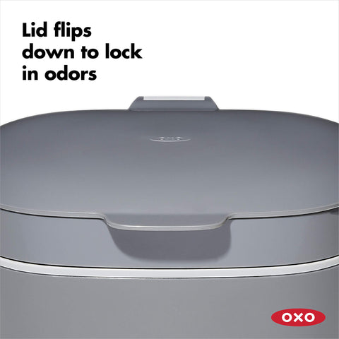 OXO compost bin dishwasher-safe label highlighting hygienic deep cleaning
