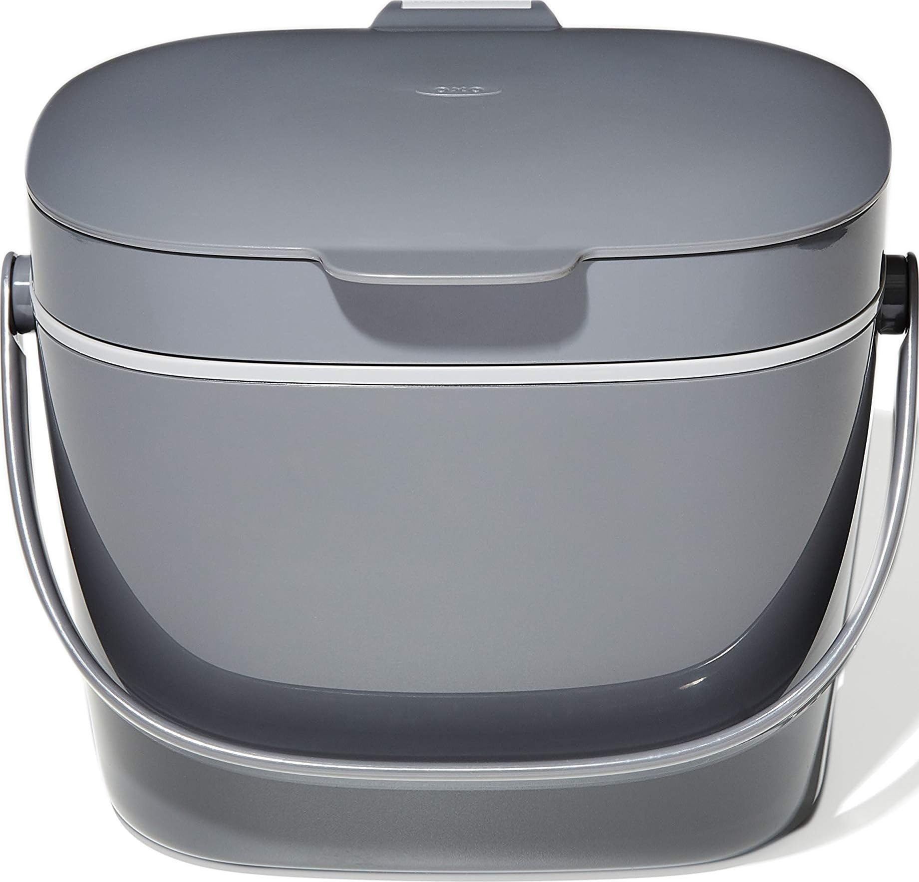 OXO compost bin front view showing compact design and tidy storage benefit