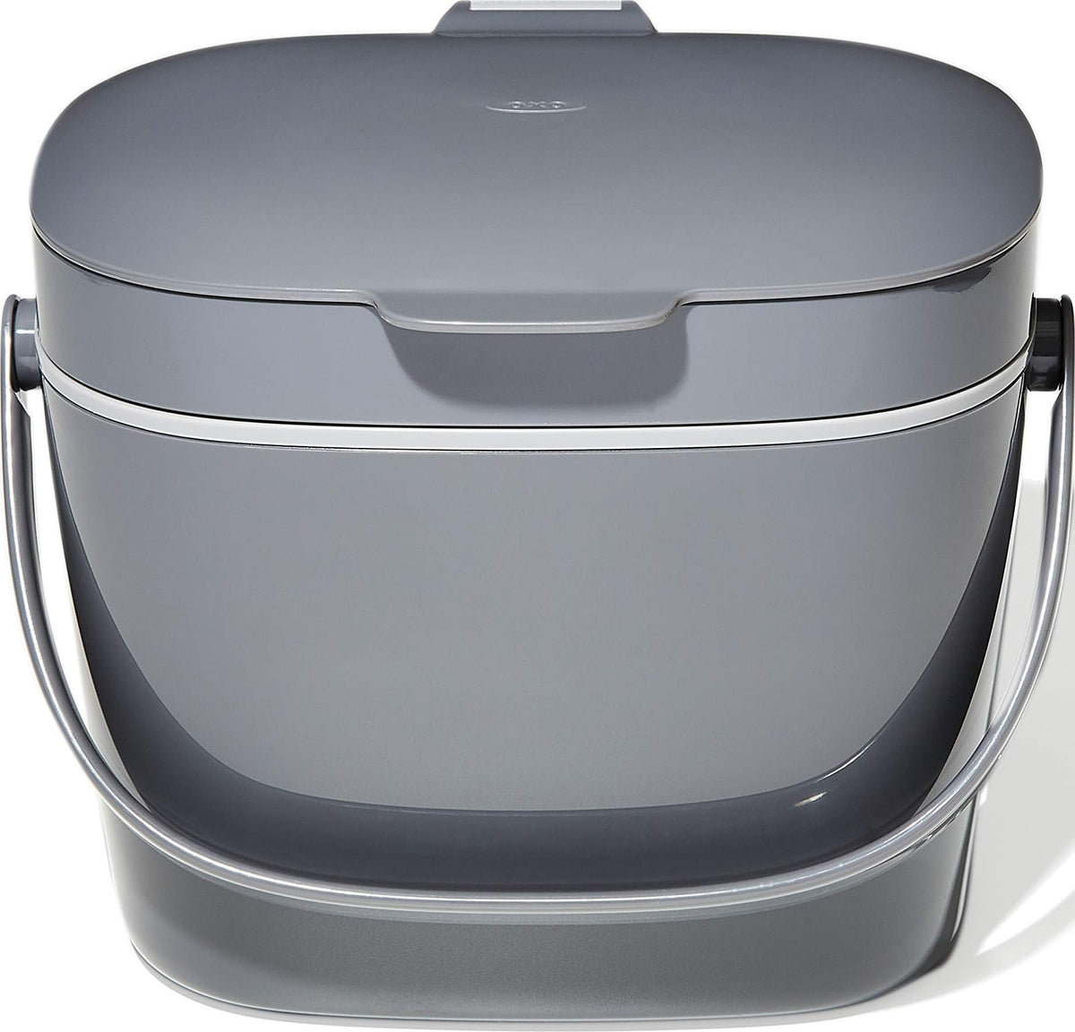 OXO compost bin front view showing compact design and tidy storage benefit