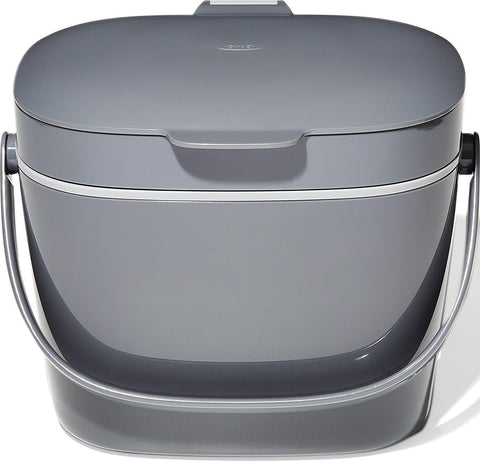 OXO compost bin front view showing compact design and tidy storage benefit