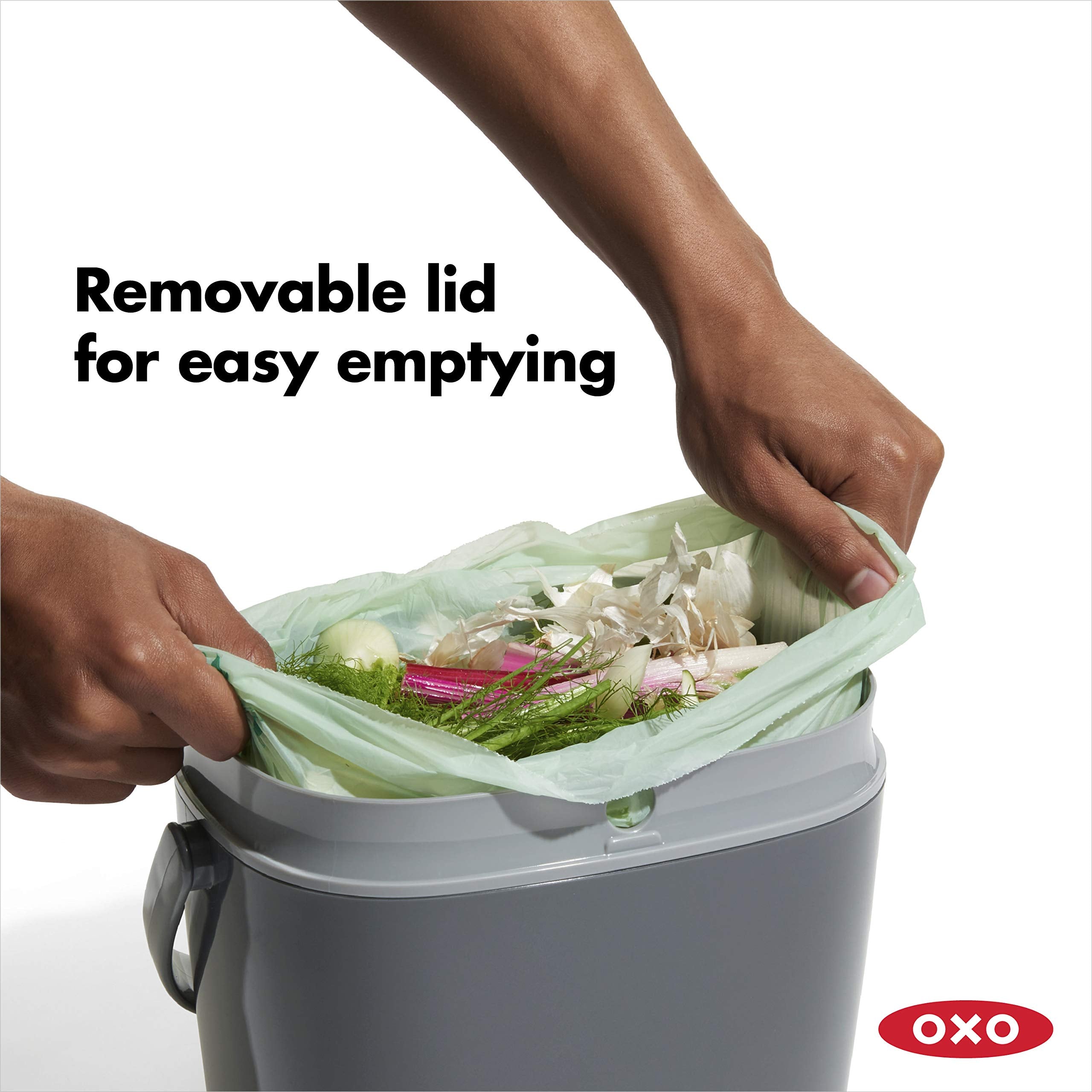 OXO compost bin handle folded down for unobtrusive countertop placement