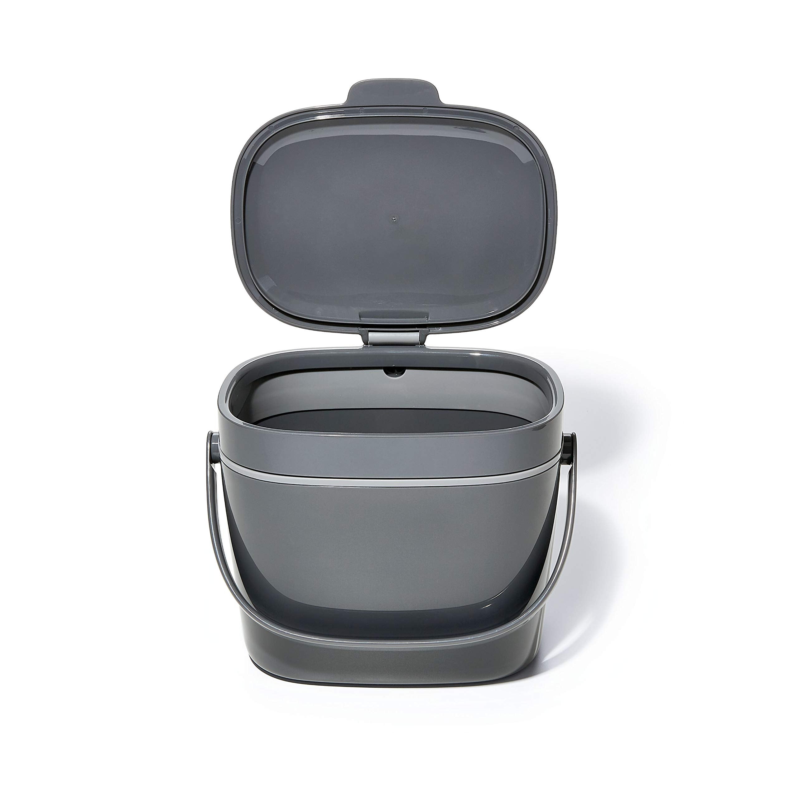 OXO compost bin next to fruit for scale and practical kitchen fit