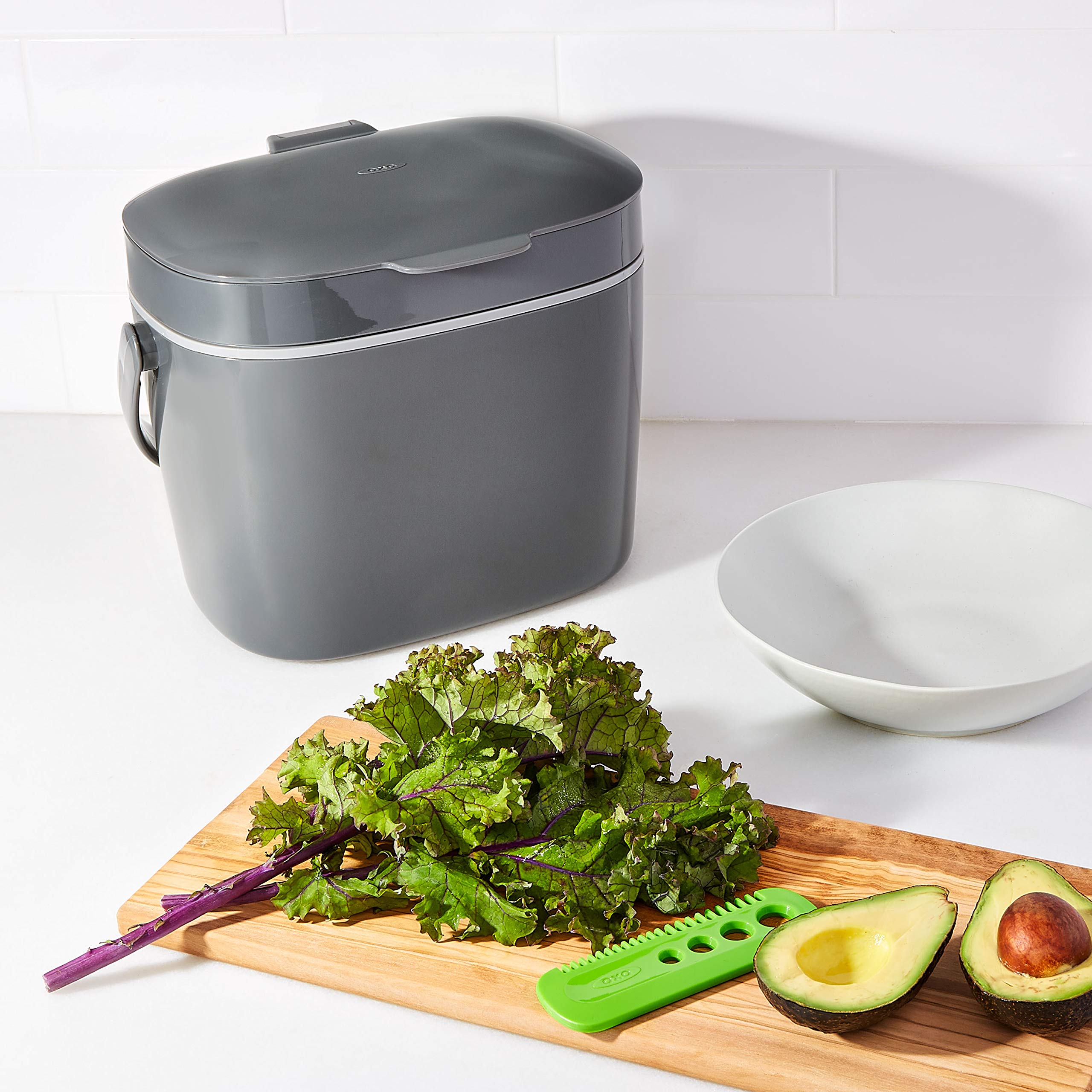 OXO compost bin with bag tucked neatly inside for a streamlined look