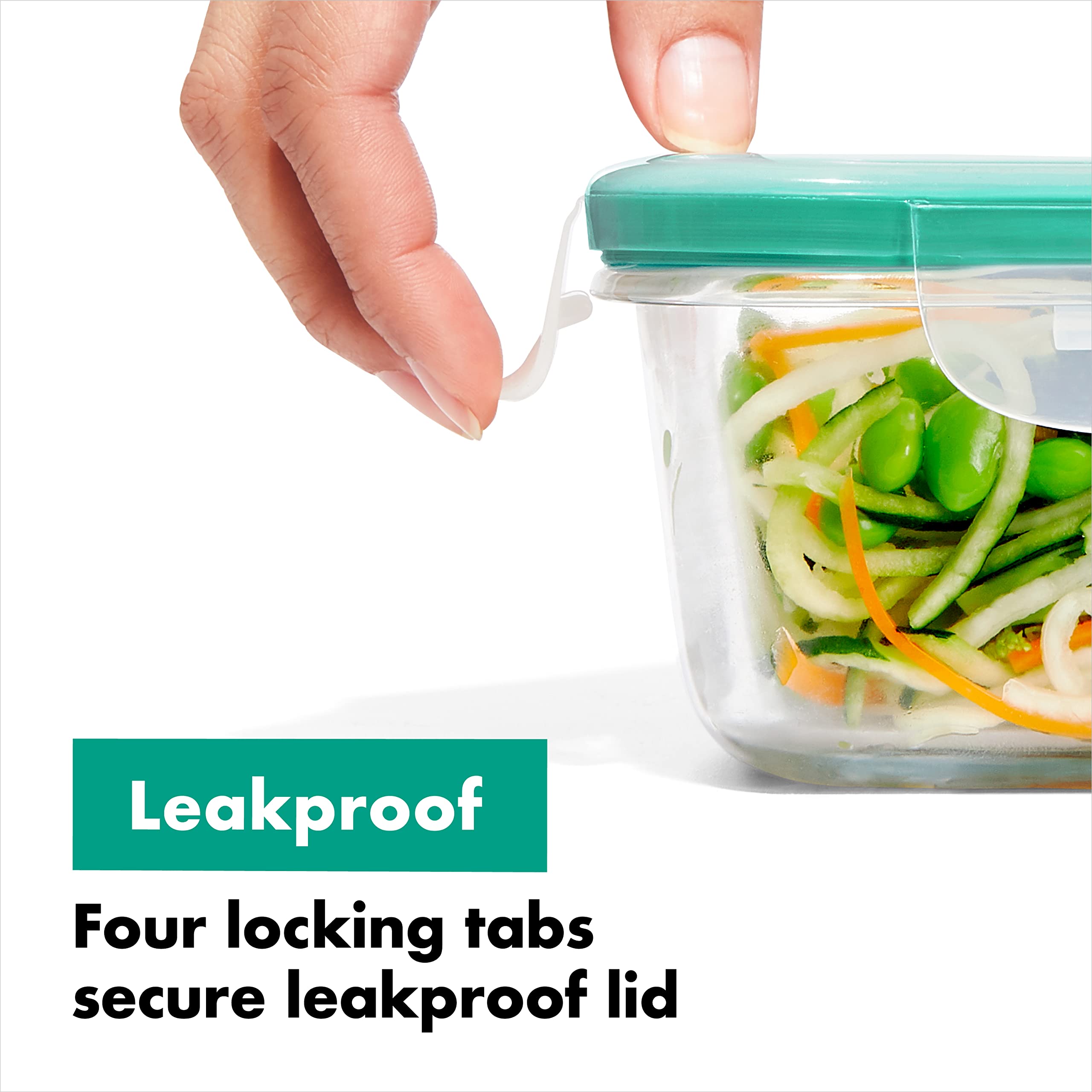 OXO containers holding leftovers in fridge for visible freshness and space saving