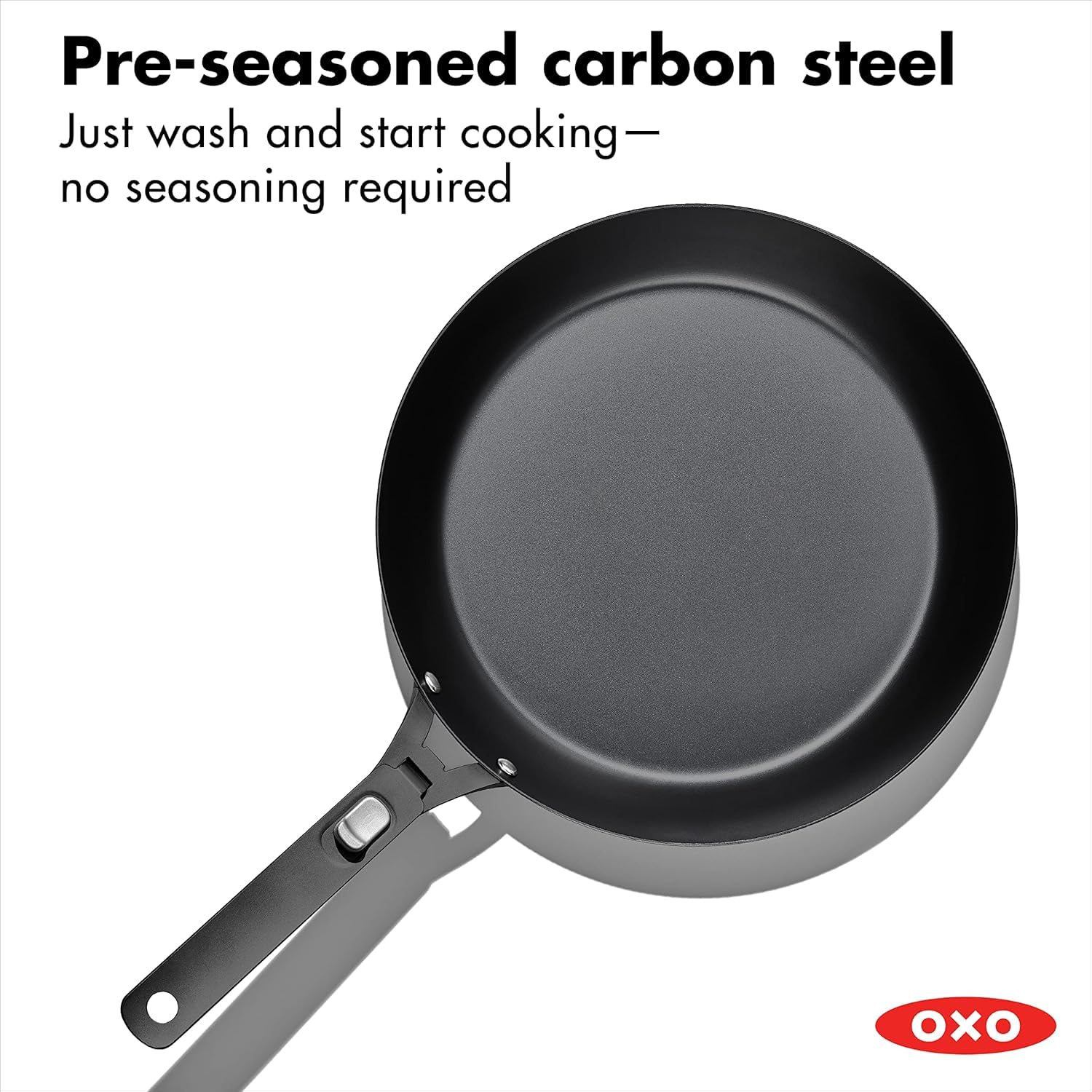 OXO skillet with detachable handle attached demonstrating safe stovetop use
