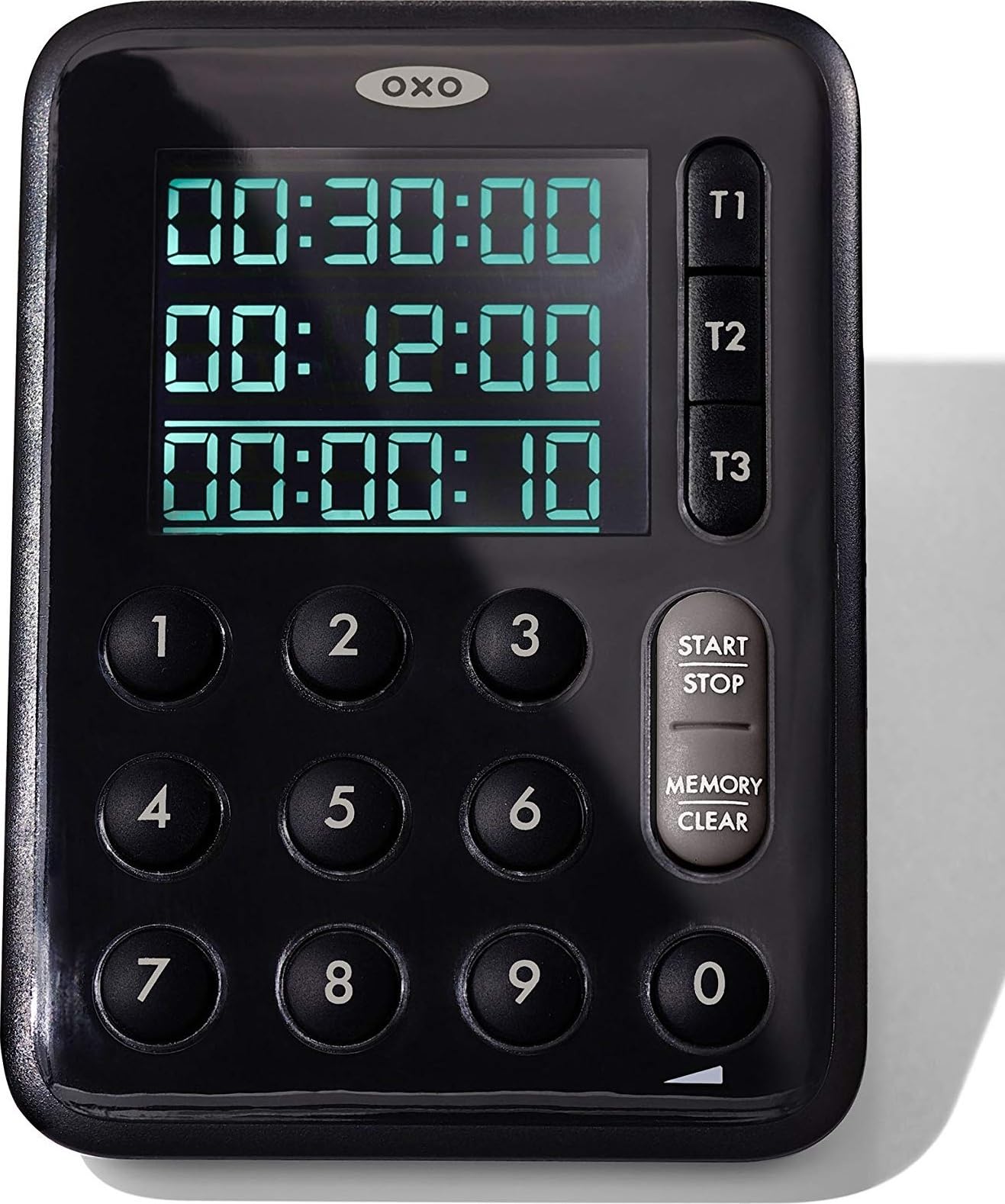 OXO timer front display showing three timers for quick reading