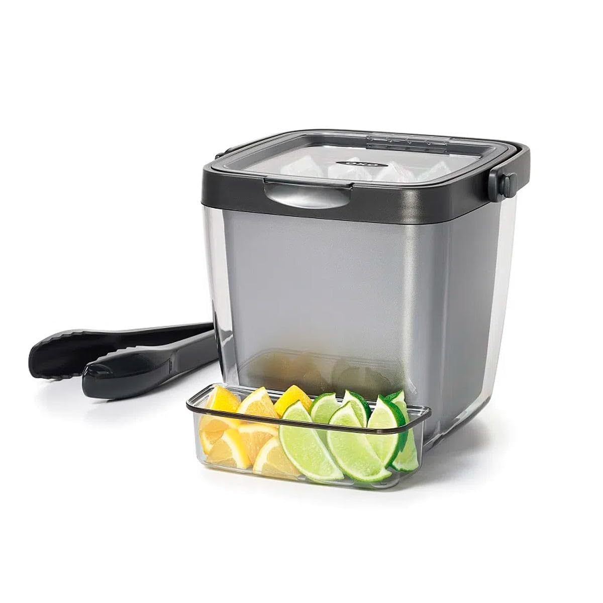 OXO double wall ice bucket front view showing clear lid and handle, keeps ice fresh