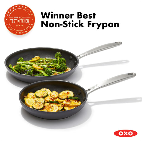 OXO 8-inch pan top view showing nonstick surface and easy release