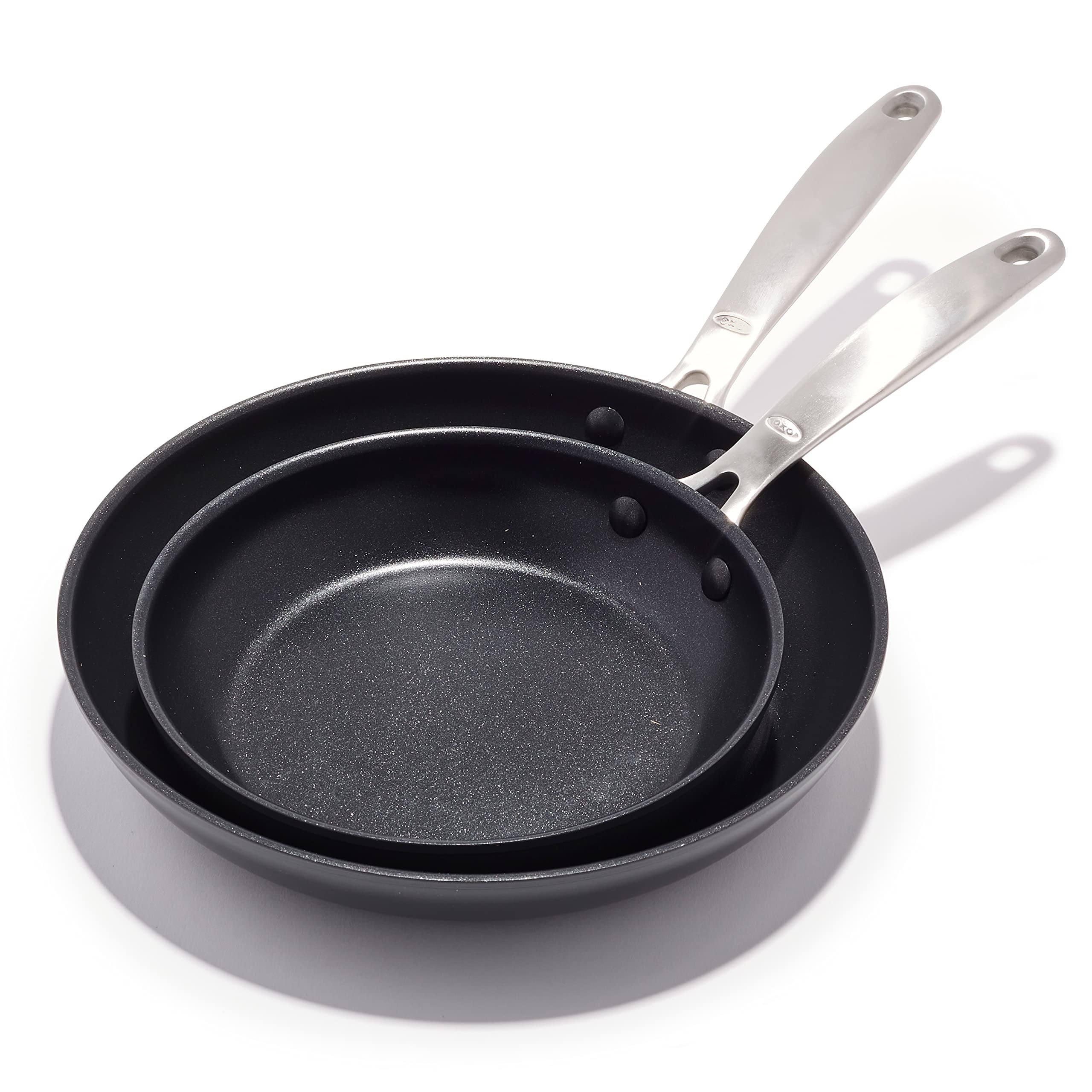 OXO skillet set front packaging showing both pans and benefits