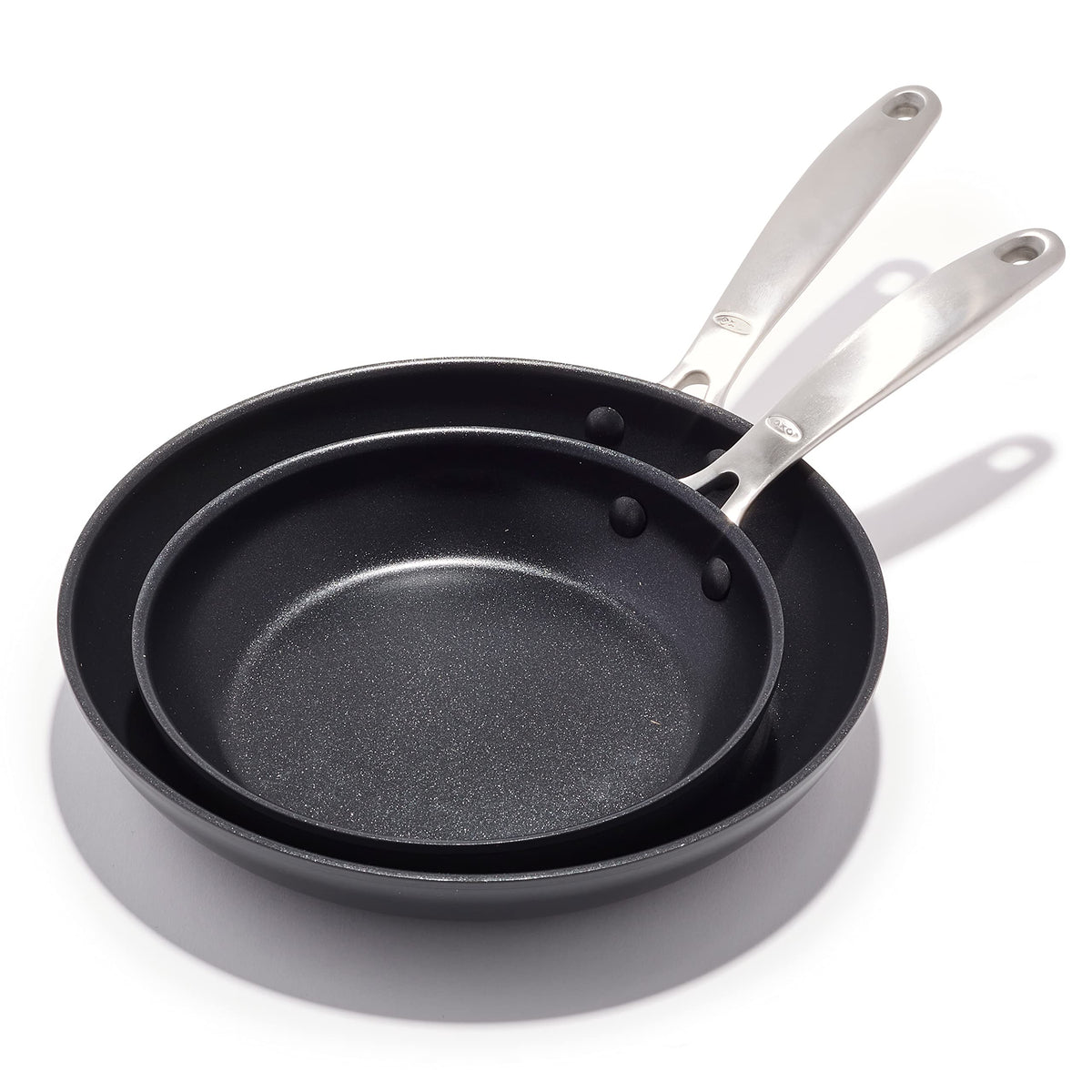 OXO skillet set front packaging showing both pans and benefits