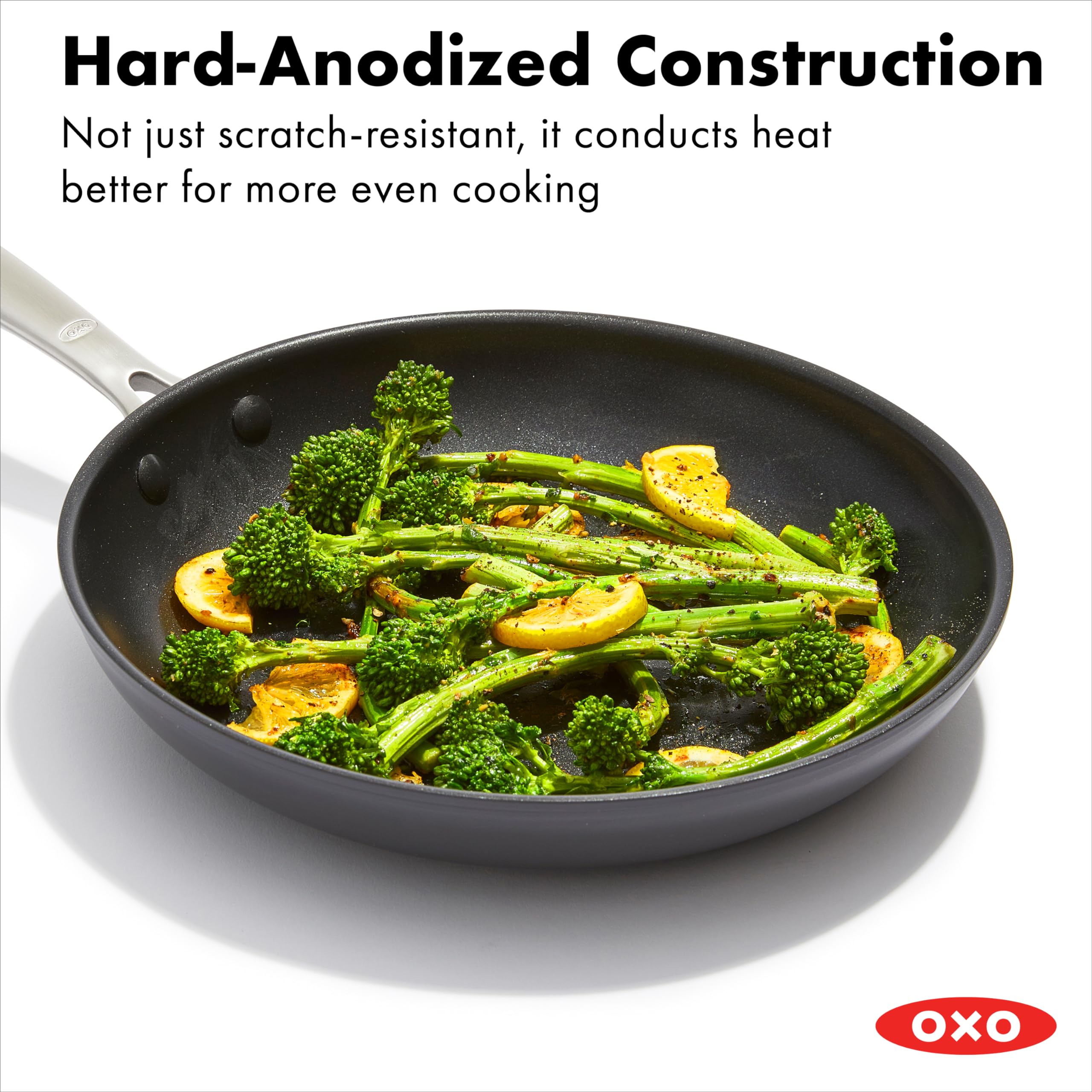 OXO stainless steel handle detail with rivets for secure grip