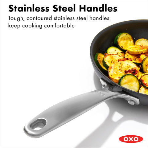 OXO frying pan in oven safe to 430°F for finishing dishes