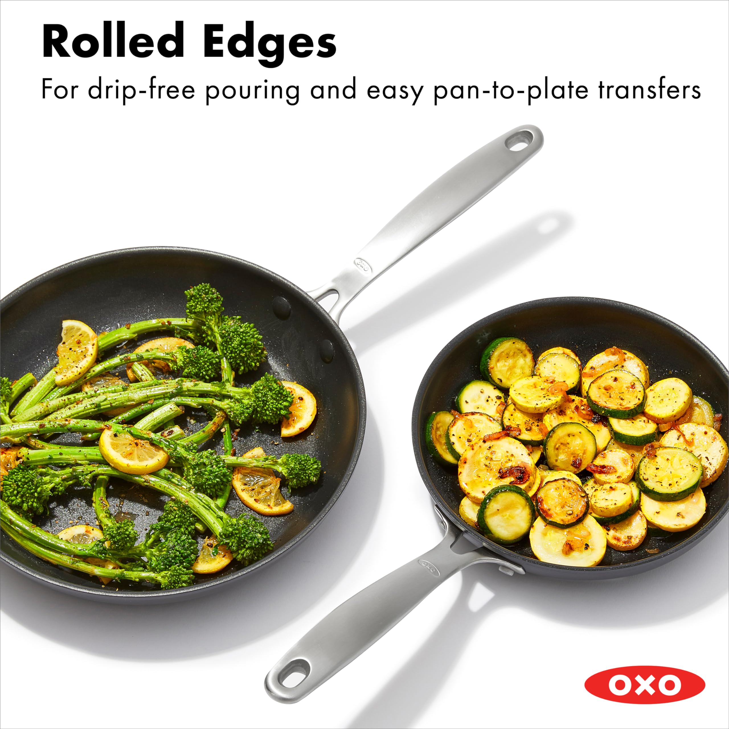 OXO pan next to spatula showing size and cooking capacity