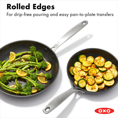 OXO pan next to spatula showing size and cooking capacity