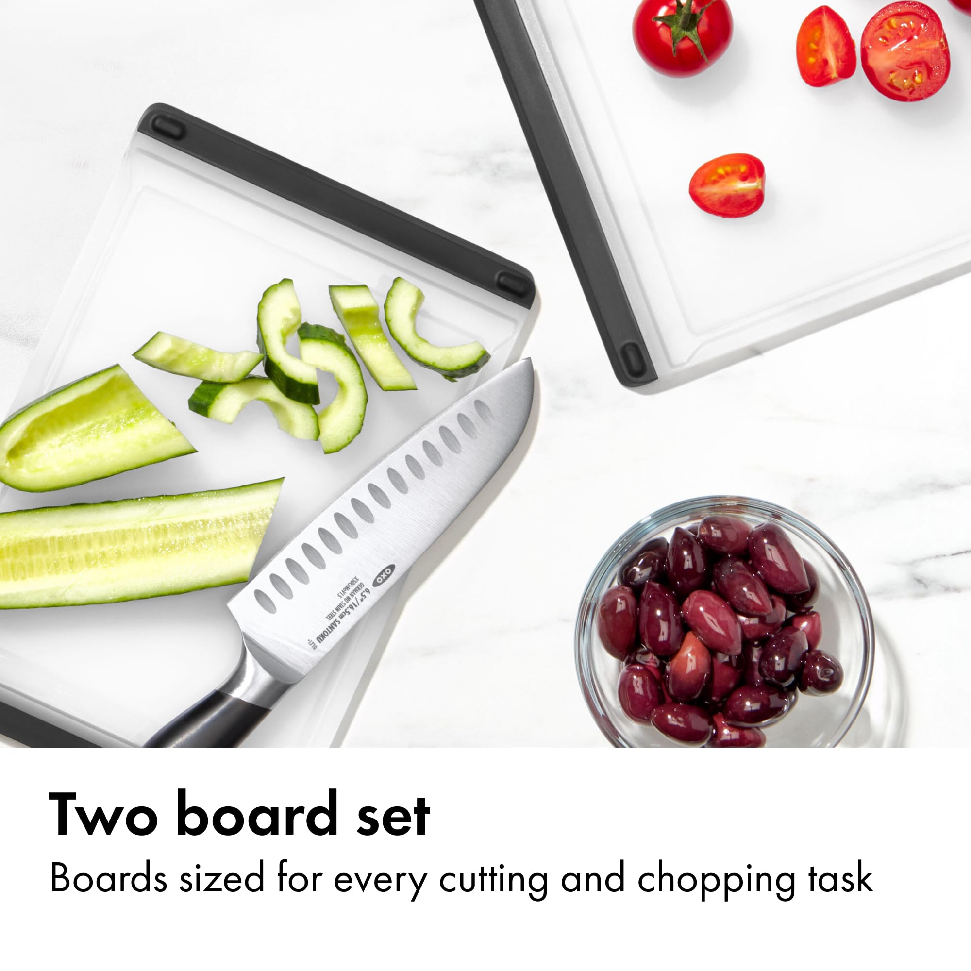 OXO everyday board top view highlighting generous cutting area