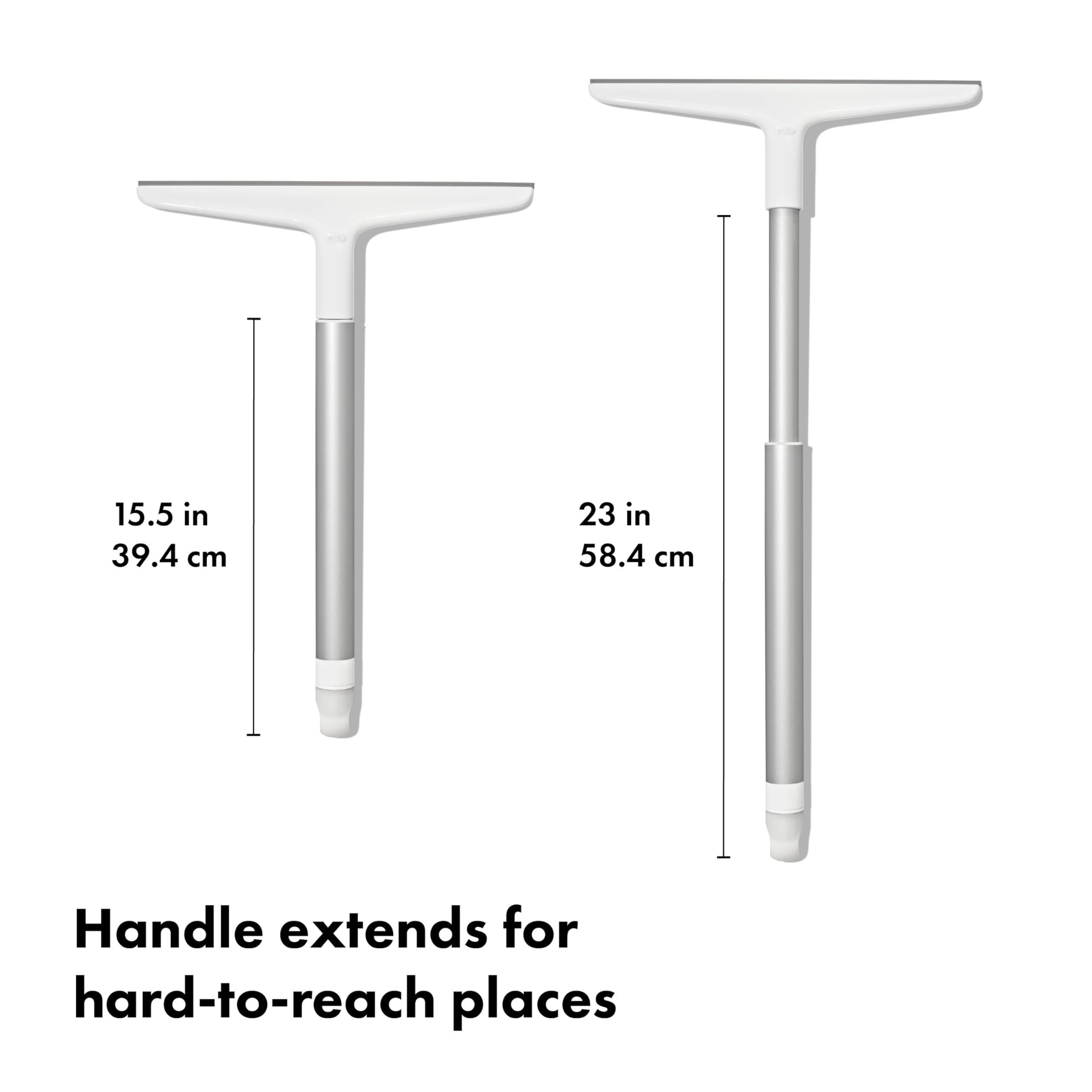 OXO squeegee extended handle in use reaching shower door for ergonomic benefit