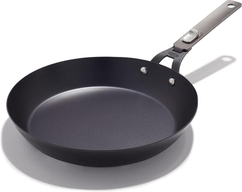 OXO front view of 12-inch skillet showing shape and rim for even searing