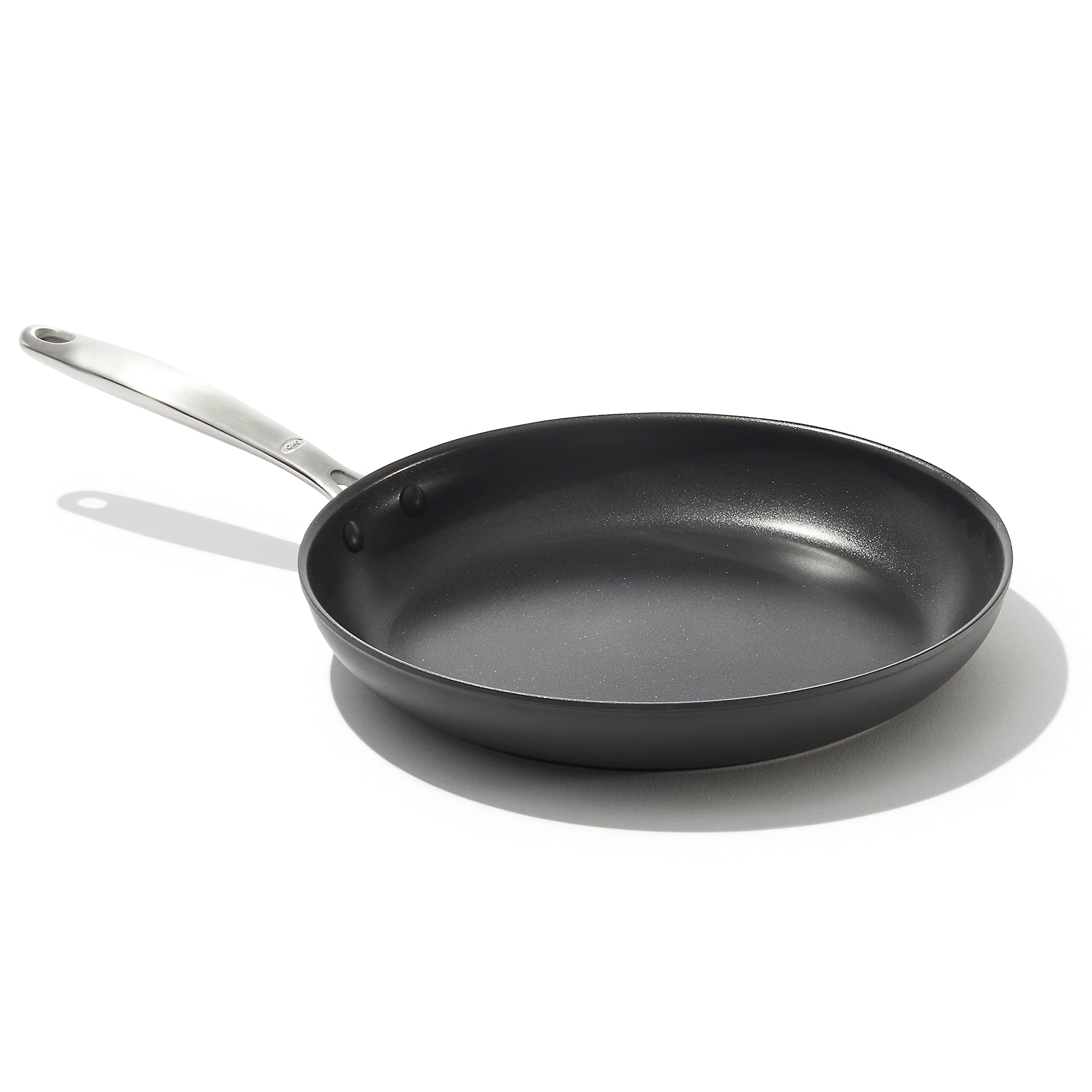 OXO front view of 12-inch pan showing sleek profile and durable finish for reliable cooking
